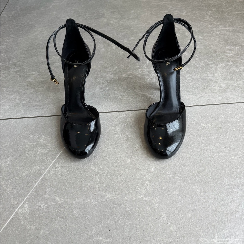 Zara Black Patent Ankle-Tie Heeled Sandals